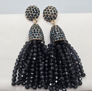 BaubleBar Gold-Tone Blue Crystal and Black Bead Tassel Drop Earrings